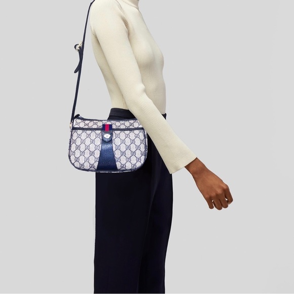 GUCCI GG Canvas Sherry Line Shoulder Bag Gray Red Navy - Picture 11 of 14